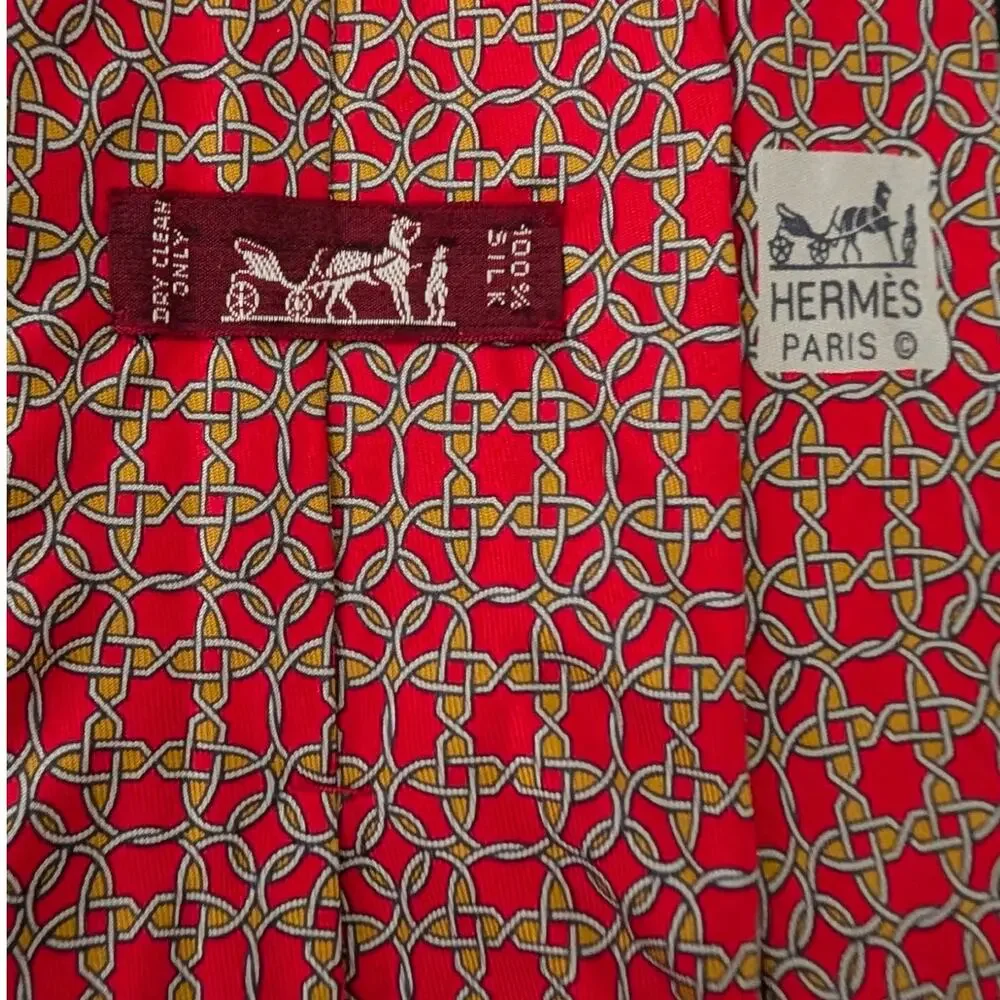 Vintage Hermès 100% Silk Men's Red Tie With Gold & Gray Geometric Designs